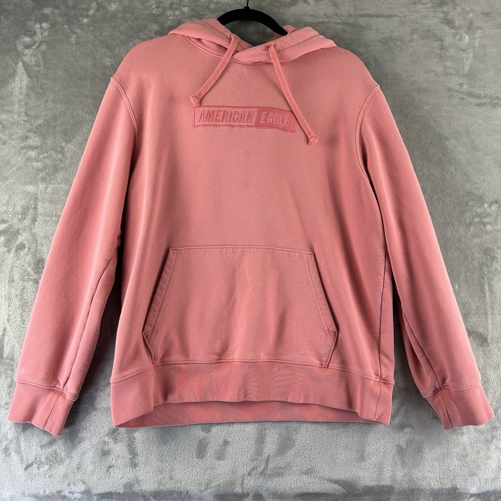 American Eagle Hoodie Sweatshirt Men's M Pink Pullover Thick Cotton Blend Iconic